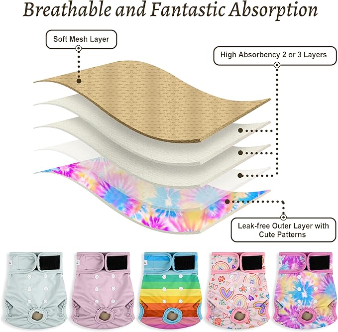 Washable Female Dog Diapers (5 Pack) - Doggie Reusable Small Medium Large Dog Diapers for Doggy Puppy Female in Period - Highly Absorbent Dog Heat Panties,S Plus,Rainbow