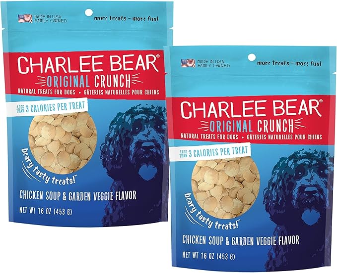 Charlee Bear Dog Training Treats for Small, Medium, or Large Pups, Crunchy Low Cal Dog Snack for Puppy Training, Made in USA (Chicken Soup & Garden Veggie) 16oz, 2 Pack