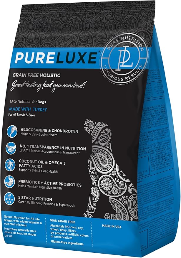 PURELUXE Grain and Gluten Free Dog Food, Turkey Elite Nutrition, for All Breeds and Sizes, All Life Stages, Made in The USA, 22lbs