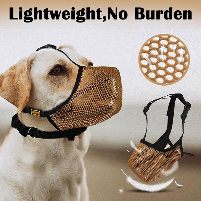 Mayerzon Dog Muzzle, Soft Mesh Muzzles for Large Medium Small Breed Labrador Retriever Husky Beagle Poodle, Adjustable Dog Mouth Guard for Scavenging Licking Grooming, with Matching Collar(XXS, Brown)
