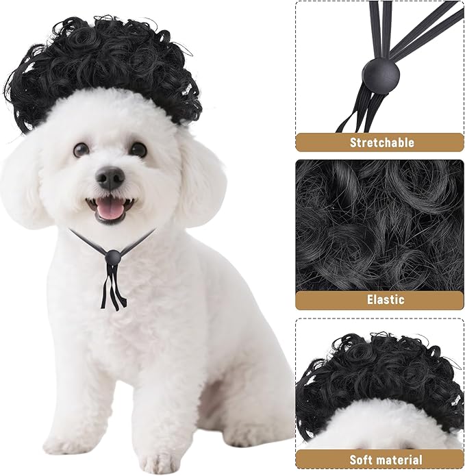 1 Pcs Funny Pets Wigs for Dog, Funny Black Curly Dog Wig Adjustable Pet Wigs for Halloween Pet Costume Accessories for Halloween, Christmas, Parties, Festivals Cosplay