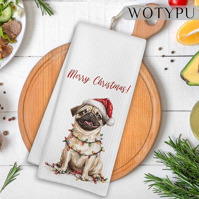 Pug Christmas Kitchen Towels, Pug Gifts for Women Men Dish Tea Towels, Dog Lover Gifts Decorative Hand Towel for Bathroom, Christmas Bathroom Decor, 16X24 Inch