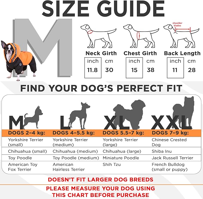 Waterproof Full Body Winter Jacket for Dogs, Dogs Snowsuit, Perfect for Cold Weather, Ideal for Small and Medium Breeds (Orange, M:Chest 15'', Length: 11'')