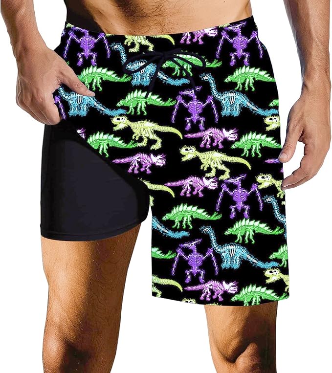 Mens Swim Trunks with Compression Liner Quick Dry Zipper Pocket Bathing
