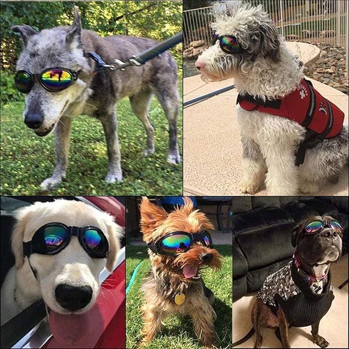 JIABEIUS 2 Pcs Dog Goggles, Dog Sunglasses Adjustable Strap for Waterproof Windproof UV Protection, Pet Sunglasses for Go Out Travel Skiing Swim (Black and White)