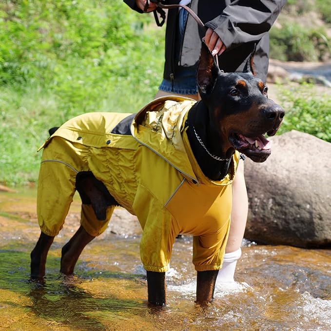 LOVELONGLONG Waterproof Dog Raincoat with Removable Hood – Outdoor Full Body Dog Jacket, Windproof Snowproof Shell Suit – All Season Pet Rain Gear Mustard Yellow L