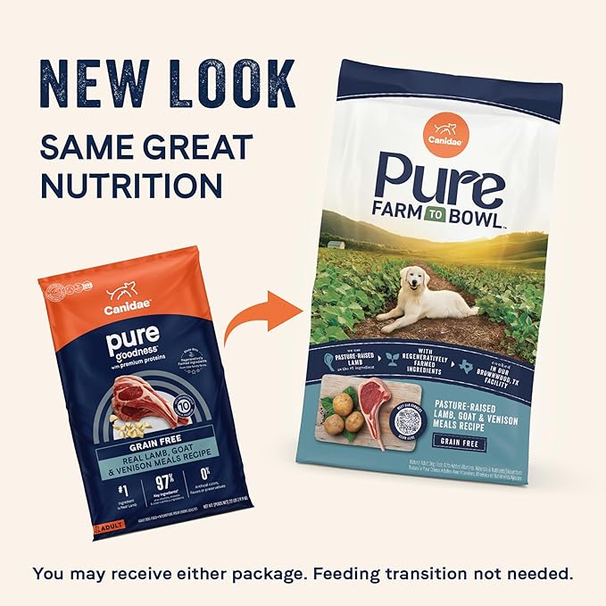 Canidae Pure Farm to Bowl Pasture-Raised Lamb with Goat & Venison Meals, Adult, Grain-Free Dry Dog Food, 12lb