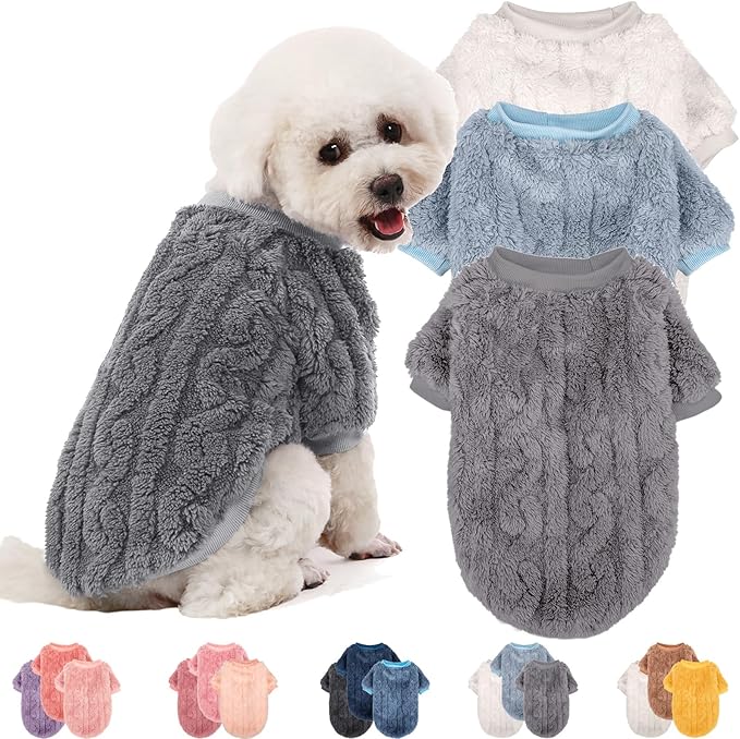 Dog Sweater, 3 Pack Dog Sweaters for Small Dogs or Cats, Girl or Boy, Warm Dog Clothes Shirt Coat for Winter Christmas (Light Grey, Light Blue, White, X-Large)