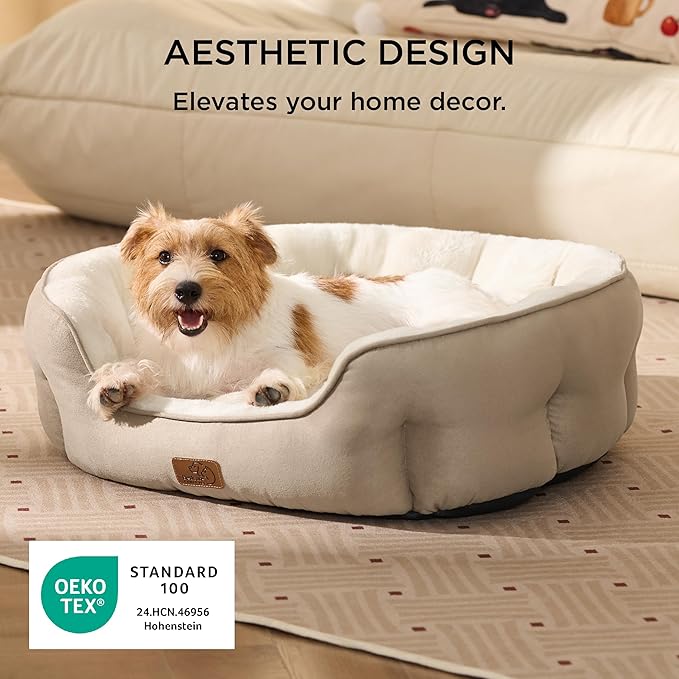 Bedsure Dog Bed for Medium Dogs - Round Washable Medium Pet Bed, Anti-Slip Donut Fluffy Plush Indoor Fur Cat Bed, 28 inches, Camel