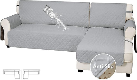 Easy-Going Waterproof Sectional Couch Covers with Chaise 2-Piece Non Slip L Shape Sofa Cover for Dogs Leakproof Furniture Protector Cover with Adjustable Strap for Pets (Small, Light Gray)