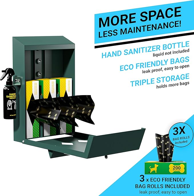 Flash Furniture Kessler Locking Dog Waste Bag Dispenser with Glow in the Dark Sign, Hand Sanitizer Bottle and Rain Guard - 600 Roll Bags Included