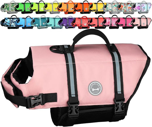 VIVAGLORY Rip Stop Dog Life Vest, Swimming Vest with Handle, Buoyancy for Doggy Puppy, Dog Life Jacket for Swimming & Boating, S, Sakura Pink