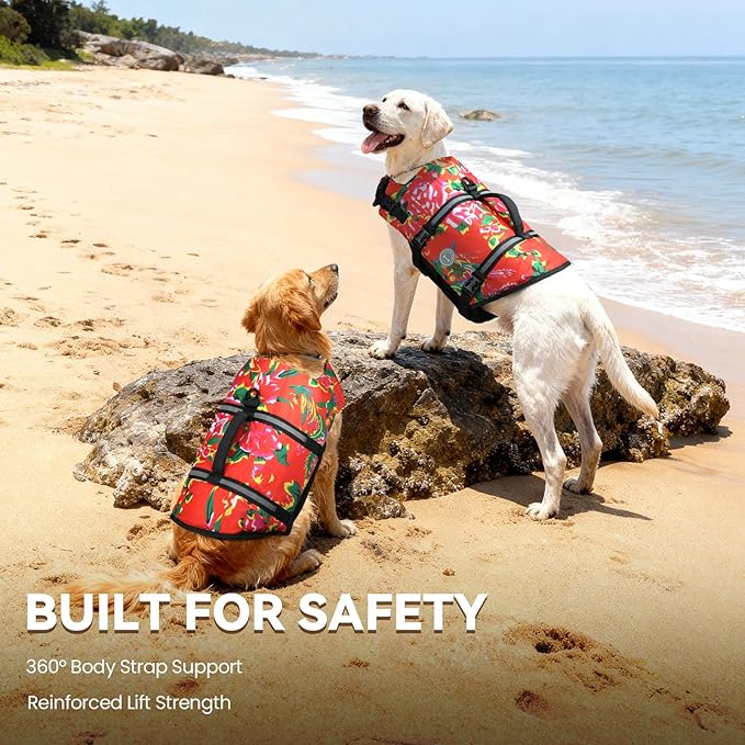 VIVAGLORY Rip Stop Dog Life Vest, Swimming Vest with Handle, Buoyancy for Doggy Puppy, Dog Life Jacket for Swimming & Boating, S, Northeast Florals-Red