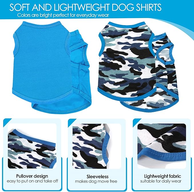 2 Pack Dog Shirts for Small Dogs Girl Boy Camouflage Puppy Clothes Pet T Shirts Dog Clothes for Small Dogs Cats Apparel (Blue Camouflage + Solid Color, XXS)