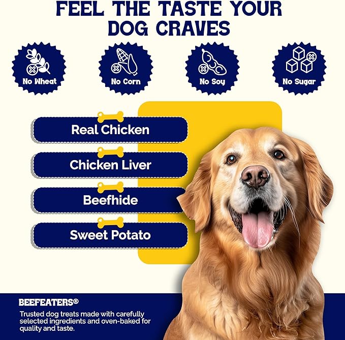 Beefeaters Triple Flavor Beefhide Kabobs 40oz, Dog Treats with Real Chicken, Liver & Sweet Potato – Long-Lasting Dog Kabob Treats for Chewing, Dental Support*, Flavor-Packed Treats - Training Rewards