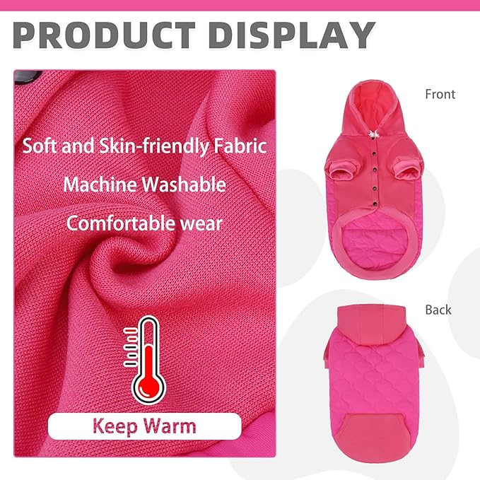 KOOLTAIL Warm Dog Winter Coat for Small Dogs, Waterproof Puppy Jacket with Leash Hole, Cold Weather Pet Vest for Winter, Soft Hoodie Sweater Sweatshirt Clothes for Puppy Cats Girls Boys Rose Red L