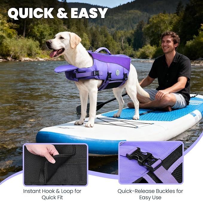 VIVAGLORY Front Float Dog Life Vest, Dog Life Jacket for Swimming & Boating, Swimming Vest with Chin Float & Handle, Ripstop & Buoyancy for Puppy Doggy, XL, Purple