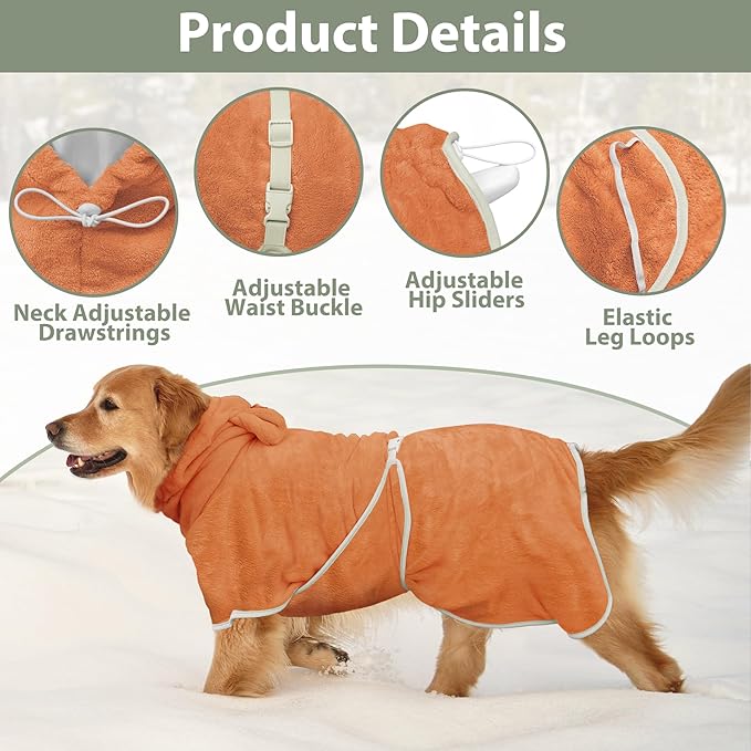 Dog Bathrobe Super Absorbent Towel Robe - Microfiber Bath Towels Fast Drying Coat for Dogs, Cute Dogs Clothes Adjustable Collar & Belly Strap Warm Keeping Hooded Dog Towel (Orange, Large)