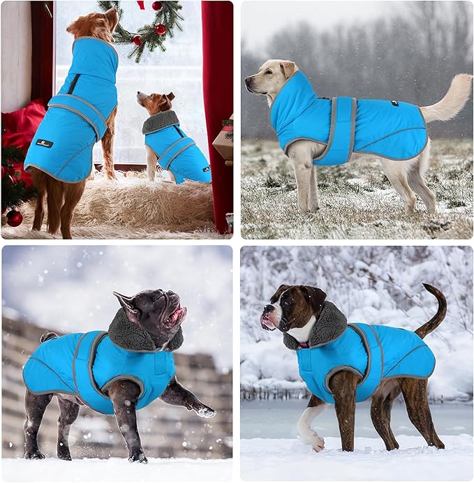 Dogcheer Dog Coat, Waterproof Dog Jacket Reflective Pet Winter Coat with Adjustable Hook & Loop, Christmas Puppy Fleece Jacket Warm Turtleneck Snowsuit for Small Medium Large Dogs - Sky Blue, XL