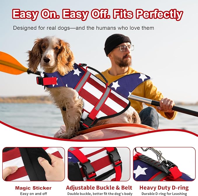 Dogcheer Dog Life Jacket Shark, American Flag Dog Life Vest with Reflective Stripes & Rescue Handle, Adjustable High Buoyancy Puppy Swim Float Vest for Small Medium Large Dogs - USA Flag, XS