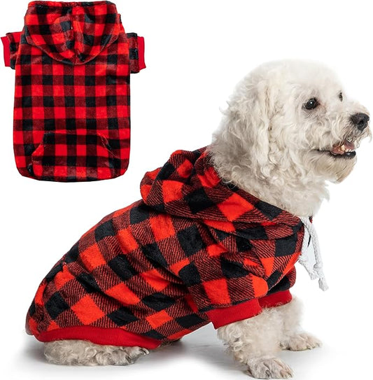 Dog Hoodie for Large Meidum Small Dogs, Winter Plaid Fleece Warm Hooded Dog Hoodies Christmas Pet Sweatshirt Clothes with Pockets for Cold Weather (S-XXL)