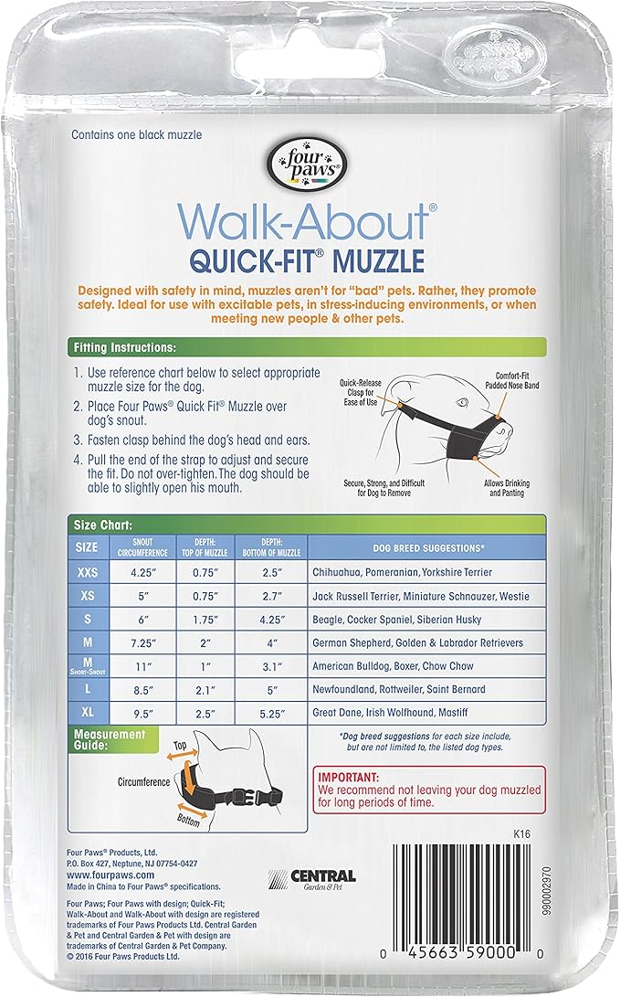 Four Paws Walk-About Quick-Fit Short Snout Adjustable Dog Muzzle for Medium Dogs, Washable & Breathable, Black, 1 Count