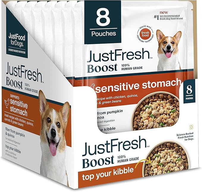 JustFoodForDogs JustFresh Boost Sensitive Stomach Dog Food Topper with Fiber for Gut Support & Digestive Health, Human-Grade Fresh Pet Meal Booster, 8 oz Pouches - 8 Pack
