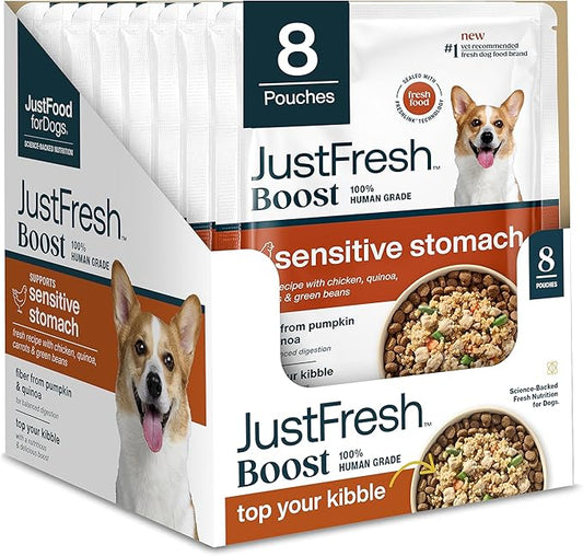 JustFoodForDogs JustFresh Boost Sensitive Stomach Dog Food Topper with Fiber for Gut Support & Digestive Health, Human-Grade Fresh Pet Meal Booster, 8 oz Pouches - 8 Pack
