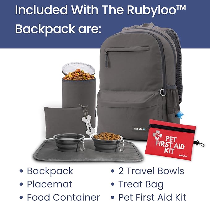 The Original Doggy Bag Backpack (Dark Grey) – Dog Travel Backpack with 2 Collapsible Bowls, Treat Bag, Lined Food Container, Placemat & Dog First Aid Kit with Pet First Aid Book & Supplies