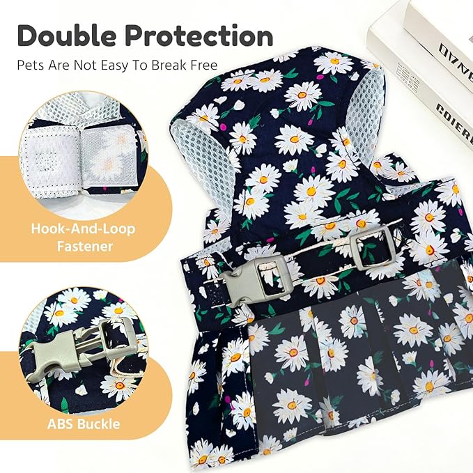 BAEJMJK Dog Dress Bowknot Harness Leash Set for Small Dogs Cats Daisy Floral Girl Dog Dresses Cute Puppy Princess Clothes Pet Doggy Outfits Spring Summer Breathable Dresses (Large, Navy Blue)