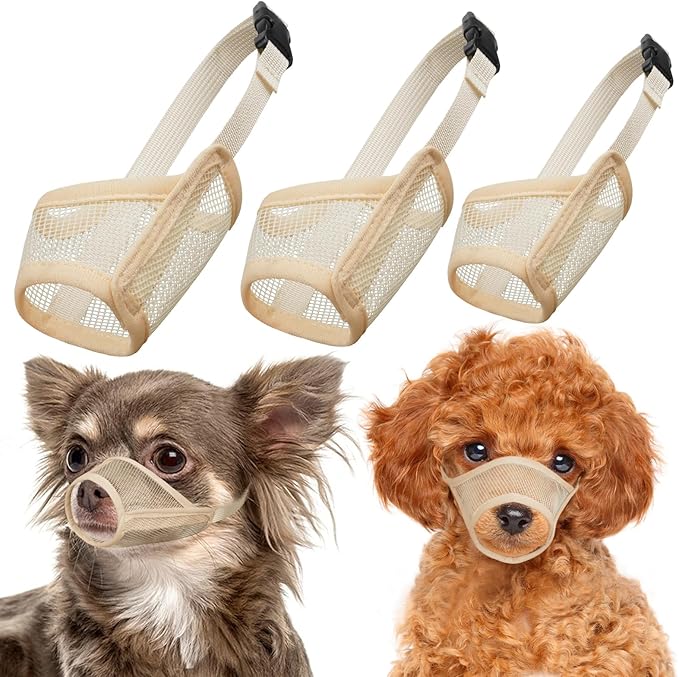 LUCKYPAW Dog Muzzle Suits for Small Medium Large Dogs, Mesh Muzzle Anti Biting Chewing, Breathable Mouth Cover Set with Adjustable Strap for Grooming Vet Visiting Training (Small 3 PCS(XXS-S), Beige)
