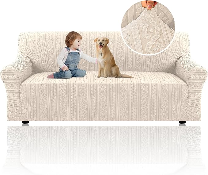H.VERSAILTEX Jacquard Couch Covers for 3 Cushion Couch 1 Piece Stretch Sofa Covers Furniture Protector Anti-Slip Soft Thickened Dogs Slipcovers Washable Spiral Pattern(Sofa, Ivory)