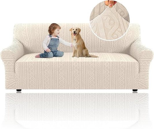 H.VERSAILTEX Jacquard Couch Covers for 3 Cushion Couch 1 Piece Stretch Sofa Covers Furniture Protector Anti-Slip Soft Thickened Dogs Slipcovers Washable Spiral Pattern(Sofa, Ivory)