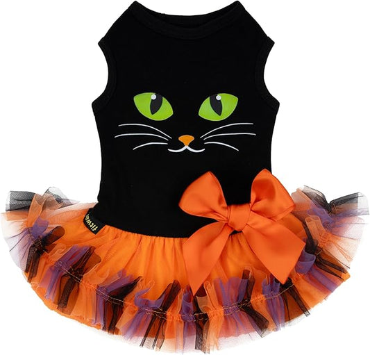Fitwarm Halloween Cat Face Dog Dress, Funny Halloween Costumes for Small Dogs Girl, Pet Apparel, Black, Orange, Purple, Green, Large