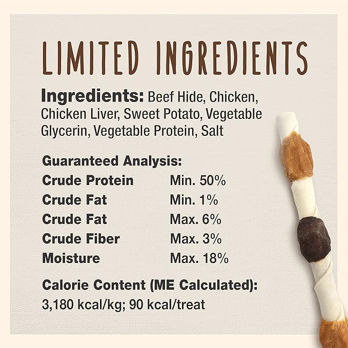 Cadet Gourmet X-Large Triple-Flavored Beef Hide Shish Kabob Dog Treats - Healthy & Natural Chicken, Liver, & Sweet Potato Dog Treats for Dogs Over 30 lbs., 10 in. (2 Count) (Pack of 3)