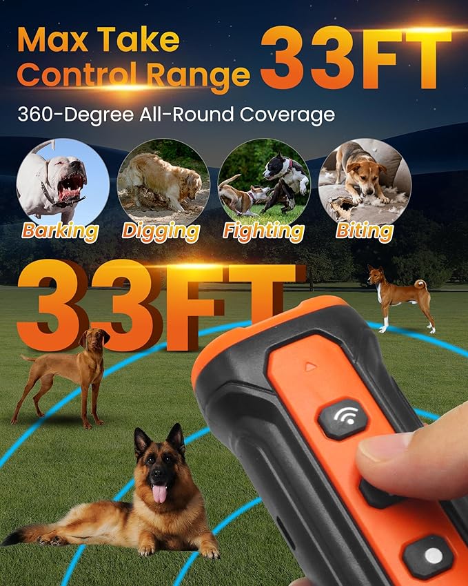 Sonic Bark Deterrents, Anti Barking Device for Dogs with 3X Sonic Emitters - 33ft Range, Rechargeable, 5 Modes, Humane & Portable Behavior Corrector for Indoor/Outdoor Use.