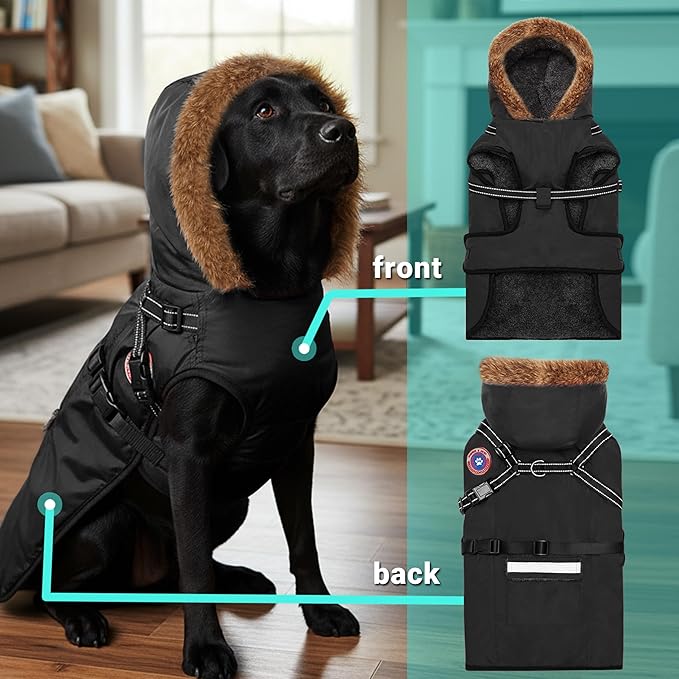 PAWNISAW Dog Winter Coat with Harness Built in, Warm Thick Plush Hooded Dog Snow Jacket for Cold Weather, Windproof Reflective Pet Clothes Outfit for Small, Medium, Large, XL & XXL Dogs Outdoor