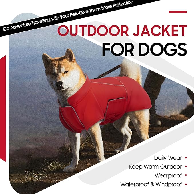 ROZKITCH Great Dane Sweater, Waterproof Windproof Dog Rain Jacket with Fleece Liner and Leash Hole Reflective Strip for Giant Dog, Adjustable Poncho Vest for Outdoor Hiking Travel Red 4XL