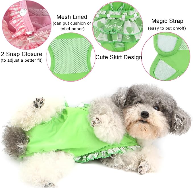 Zunea Washable Female Small Dog Diapers for XS/S Size Dogs Adjustable Suspender Reusable Puppy Sanitary Diaper Pantie Cute Love Print Nappies Skirt for Doggy Chihuahua Yorkie in Heat Green S