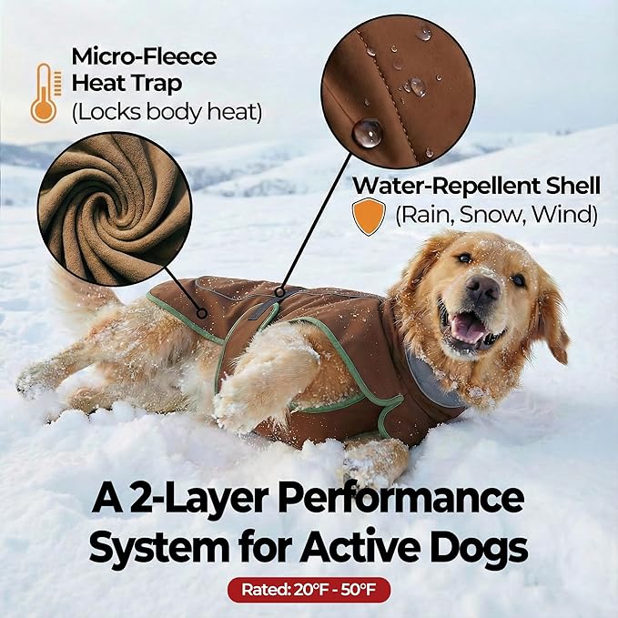 Softshell Dog Winter Vest, Fleece Lined Water-Repellent Jacket with Fur-Safe Buckle (No Hook & Loop) for Hiking, Adjustable Reflective Winter Coat for Active Dogs (Brown, Small)