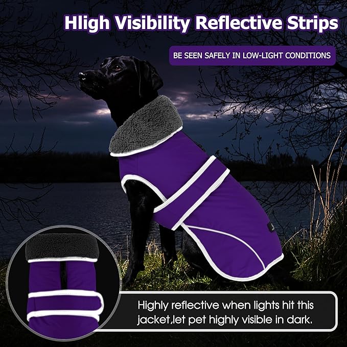 Dogcheer Dog Coat, Waterproof Dog Jacket Reflective Pet Winter Coat with Adjustable Hook & Loop, Christmas Puppy Fleece Jacket Warm Turtleneck Snowsuit for Small Medium Large Dogs - Purple, M