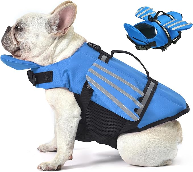 Dog Life Jacket, Cute Wings Adjustable Dog Life Vest with Chin Float and Handle for Swimming Boating Reflective High Buoyancy Swim Float Vest for Small Medium Large Dogs (Blue, XS)