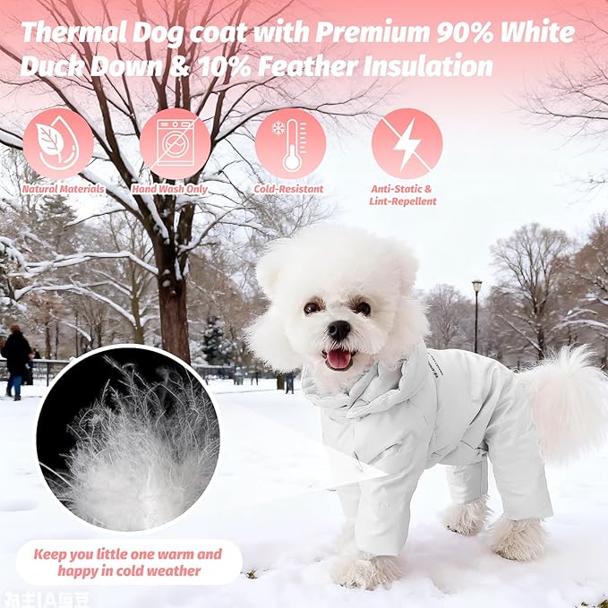White Duck Down Dog Coat - 4-Leg Coverage, Waterproof Windproof Warm Winter Snowsuit, Cotton Anti-Static Lining, Built-in Harness Hole for Small/Medium Dogs,Size 15(XL) Silver