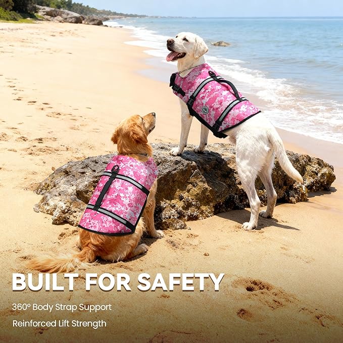 VIVAGLORY Rip Stop Dog Life Vest, Swimming Vest with Handle, Buoyancy for Doggy Puppy, Dog Life Jacket for Swimming & Boating, M, Camo Pink