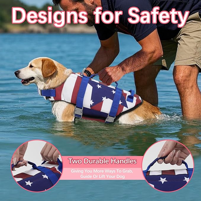 EMUST Dog Life Jacket, Lightweight Dog Life Vests with Rescue Handle for Small Medium and Large Dogs, Pet Safety Swimsuit Preserver for Swimming Pool Beach Boating, 2XL, FlagStar