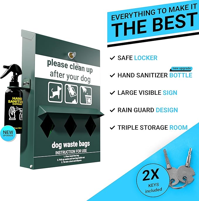 Flash Furniture Kessler Locking Dog Waste Bag Dispenser with Glow in the Dark Sign, Hand Sanitizer Bottle and Rain Guard - 600 Roll Bags Included