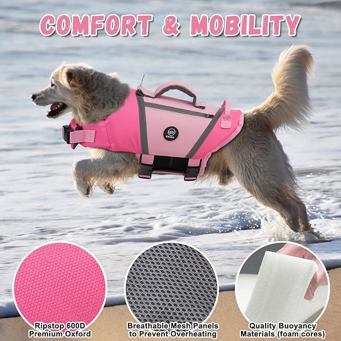 EMUST Dog Life Vests for Swimming, Adjustable Dog Life Jackets for Small Dogs with Hook & Loop, Reflective Dog Swim Vest with Quick-Release Buckles for Bulldogs, Dachshunds, Corgis, Pink, S