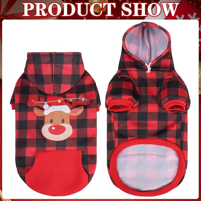 EXPAWLORER Plaid Dog Hoodie - British Style Warm Dog Sweater Shirt with Leash Hole,Pitbull Clothes Outfits,Winter Coat Apparel for All Breeds Puppy Girl Boy-Cat Apparel,Christmas Buffalo Check Small