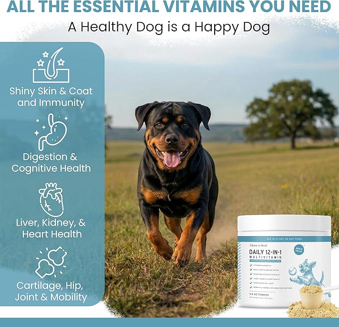12-in-1 Multivitamin Powder for Dogs - 14 oz of Puppy and Senior Dog Vitamins and Supplements - Advanced Formula with Glucosamine, Omega 3,6,9, Vitamins, Probiotics, and More - Made in the USA