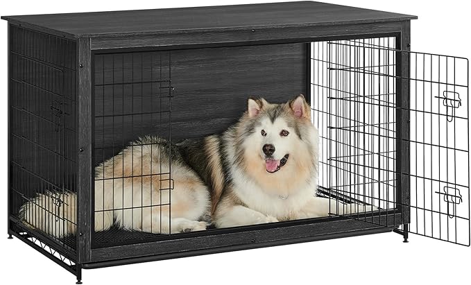 Feandrea 56.1" Dog Crate Furniture, Indoor Dog Cage Side End Table, XXL Pet Wood Kennel for Large and Medium Dogs up to 105 lb with Multi-Purpose Removable Tray, Double-Door Pet House, Ink Black
